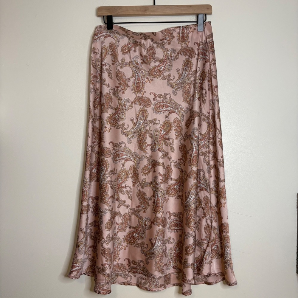 Timing Rose Pink‎ Paisley Satin Midi Slip Skirt Large